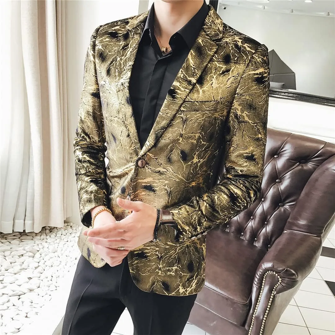 Single Button Printed Floral Blazer Men Luxury Formal Slim Fit Wedding Party Jacket Suit