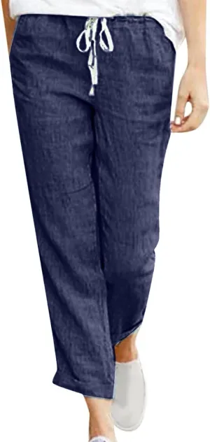 SMIDOW Linen Pants for Women Drawstring Elastic Waist Cotton Pants Cuffed Hem Ankle Trousers Straight Leg Capris Pants