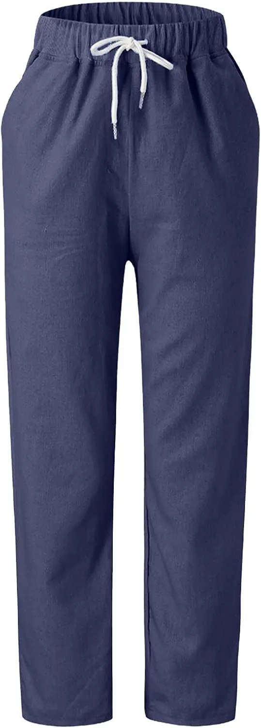 SMIDOW Linen Pants for Women Drawstring Elastic Waist Cotton Pants Cuffed Hem Ankle Trousers Straight Leg Capris Pants
