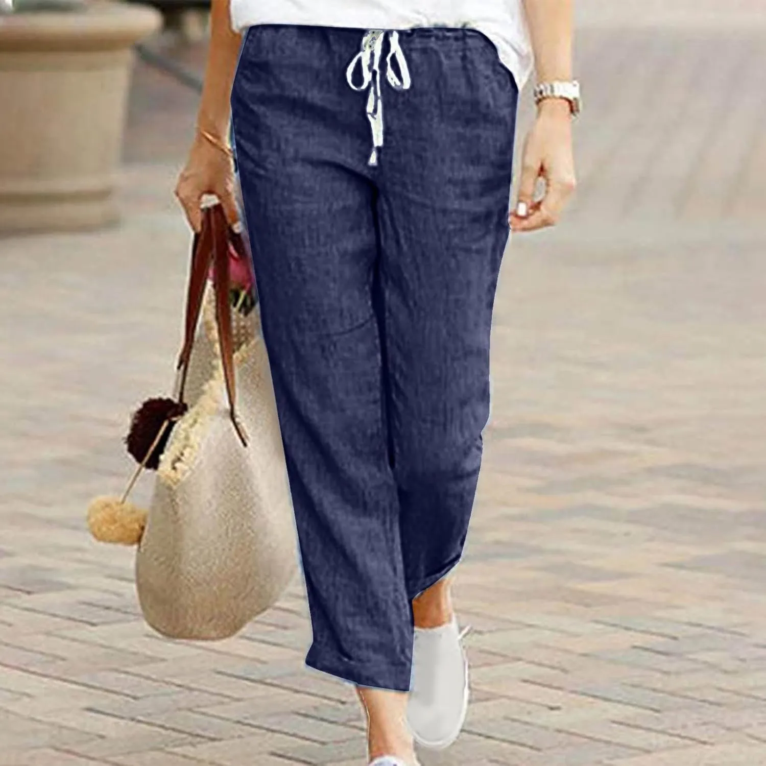 SMIDOW Linen Pants for Women Drawstring Elastic Waist Cotton Pants Cuffed Hem Ankle Trousers Straight Leg Capris Pants