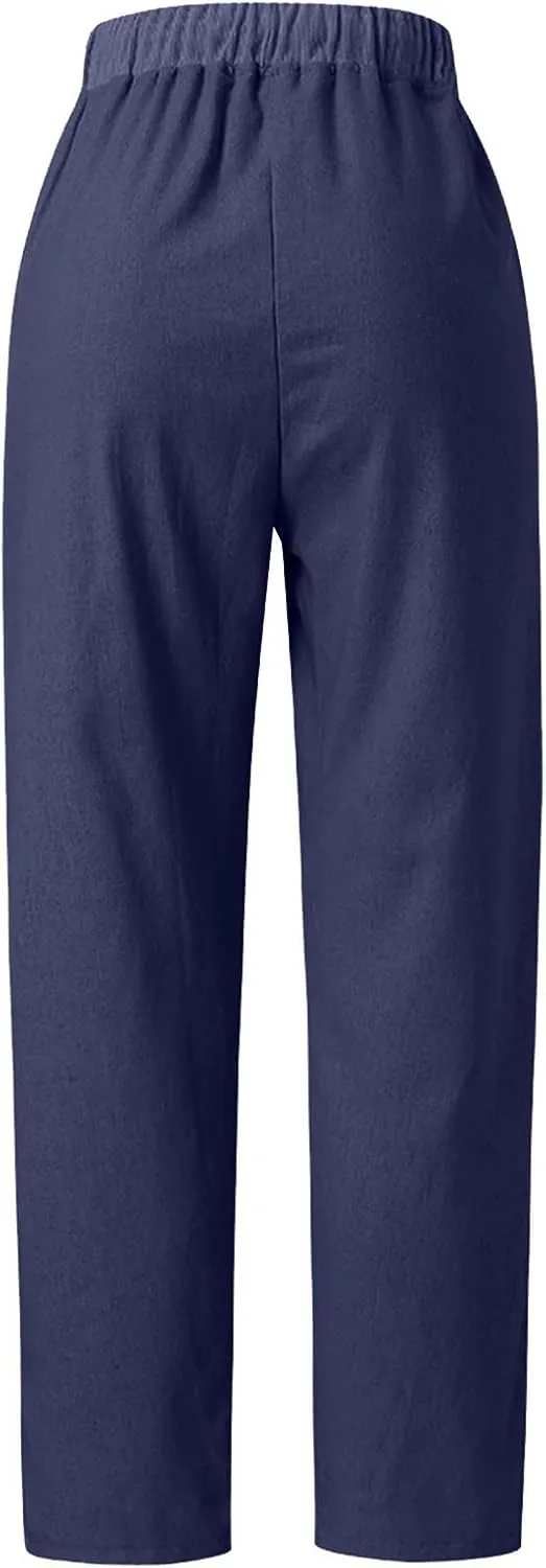 SMIDOW Linen Pants for Women Drawstring Elastic Waist Cotton Pants Cuffed Hem Ankle Trousers Straight Leg Capris Pants