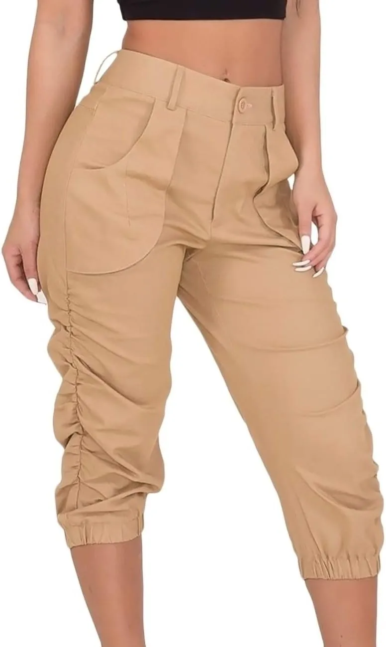 SOMTHRON Women's Oversize High Waisted Ruched Sweatpants Capris Multi Pockets Cuffed High Rise Sports Cargo Jogger Pants