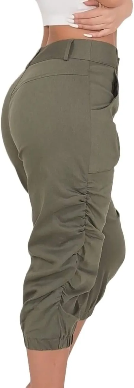 SOMTHRON Women's Oversize High Waisted Ruched Sweatpants Capris Multi Pockets Cuffed High Rise Sports Cargo Jogger Pants
