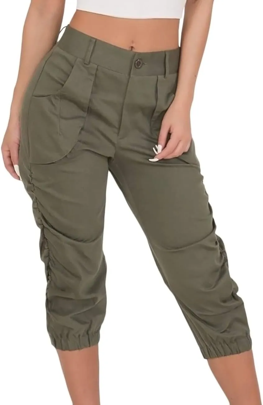 SOMTHRON Women's Oversize High Waisted Ruched Sweatpants Capris Multi Pockets Cuffed High Rise Sports Cargo Jogger Pants