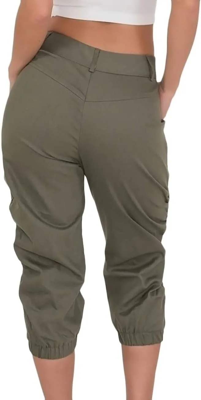 SOMTHRON Women's Oversize High Waisted Ruched Sweatpants Capris Multi Pockets Cuffed High Rise Sports Cargo Jogger Pants