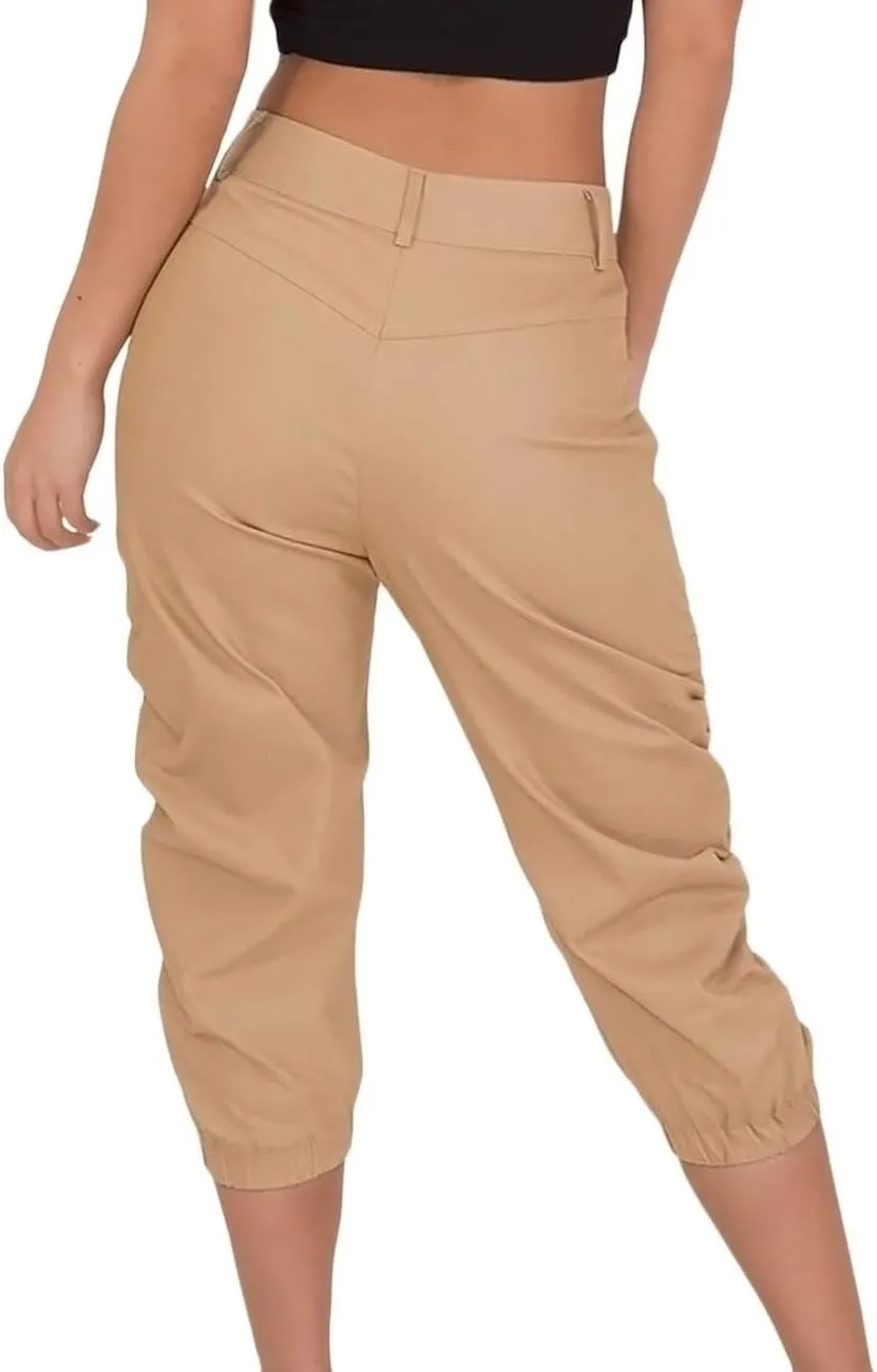 SOMTHRON Women's Oversize High Waisted Ruched Sweatpants Capris Multi Pockets Cuffed High Rise Sports Cargo Jogger Pants
