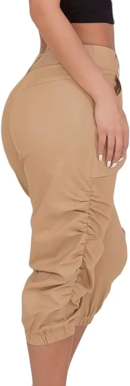 SOMTHRON Women's Oversize High Waisted Ruched Sweatpants Capris Multi Pockets Cuffed High Rise Sports Cargo Jogger Pants