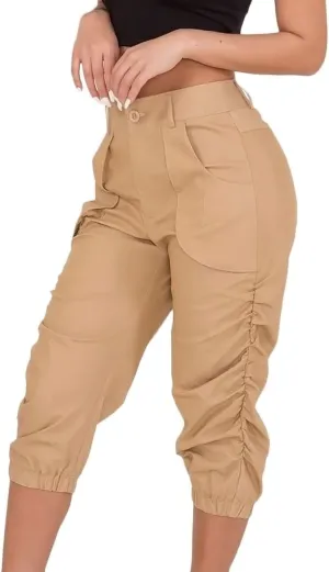 SOMTHRON Women's Oversize High Waisted Ruched Sweatpants Capris Multi Pockets Cuffed High Rise Sports Cargo Jogger Pants