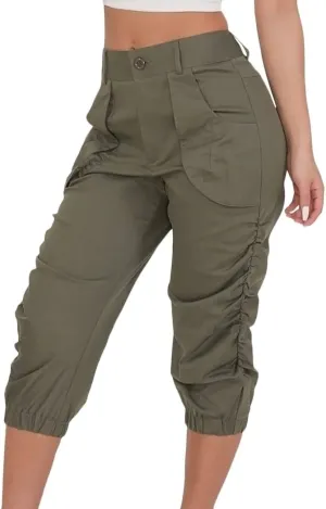SOMTHRON Women's Oversize High Waisted Ruched Sweatpants Capris Multi Pockets Cuffed High Rise Sports Cargo Jogger Pants