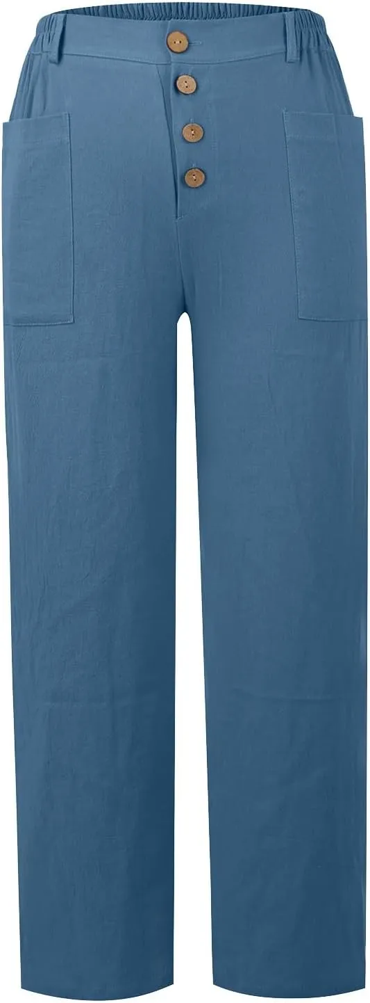 Straight Leg Linen Pants Women Trendy Button Fly Plus Size Cropped Pants Casual Cuffed Hem Loose Pants