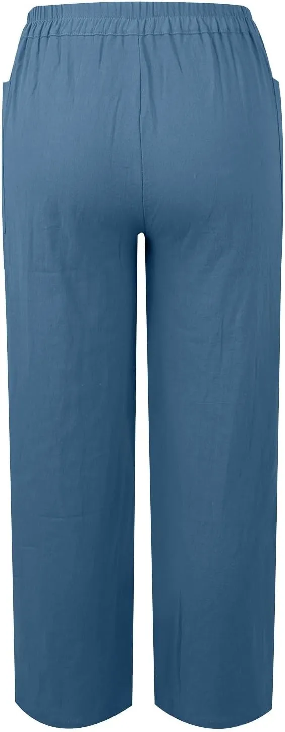 Straight Leg Linen Pants Women Trendy Button Fly Plus Size Cropped Pants Casual Cuffed Hem Loose Pants