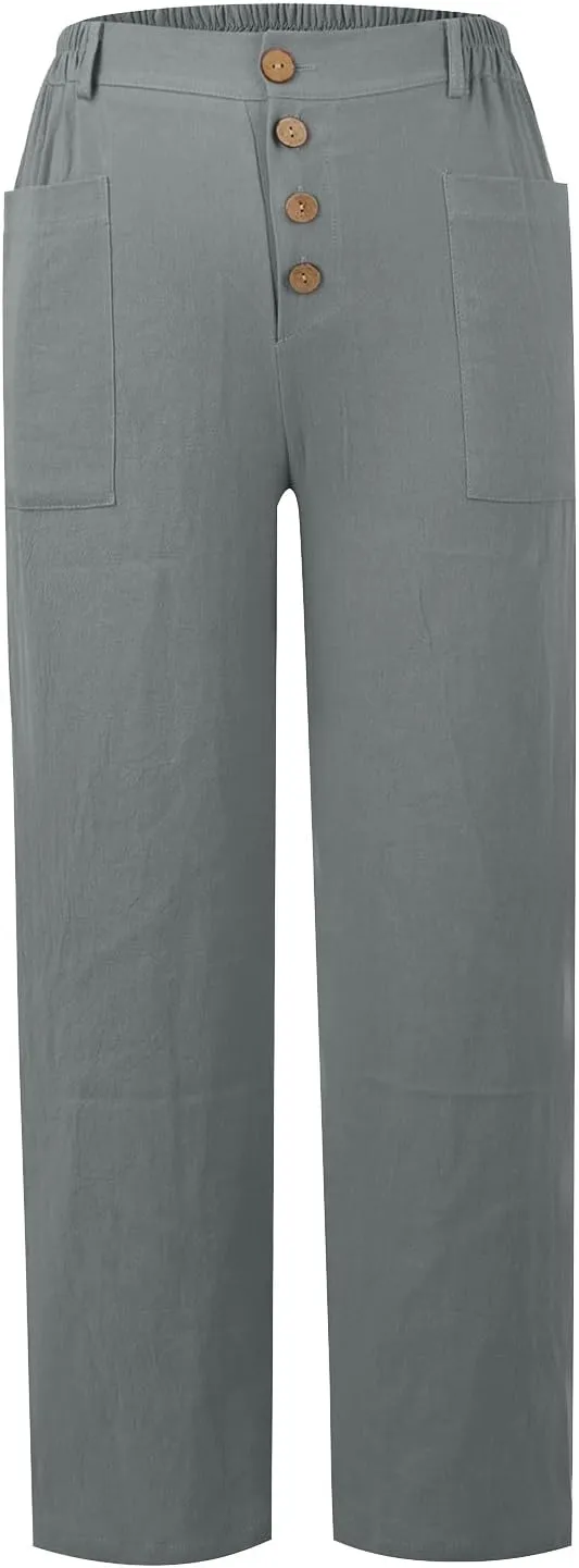 Straight Leg Linen Pants Women Trendy Button Fly Plus Size Cropped Pants Casual Cuffed Hem Loose Pants
