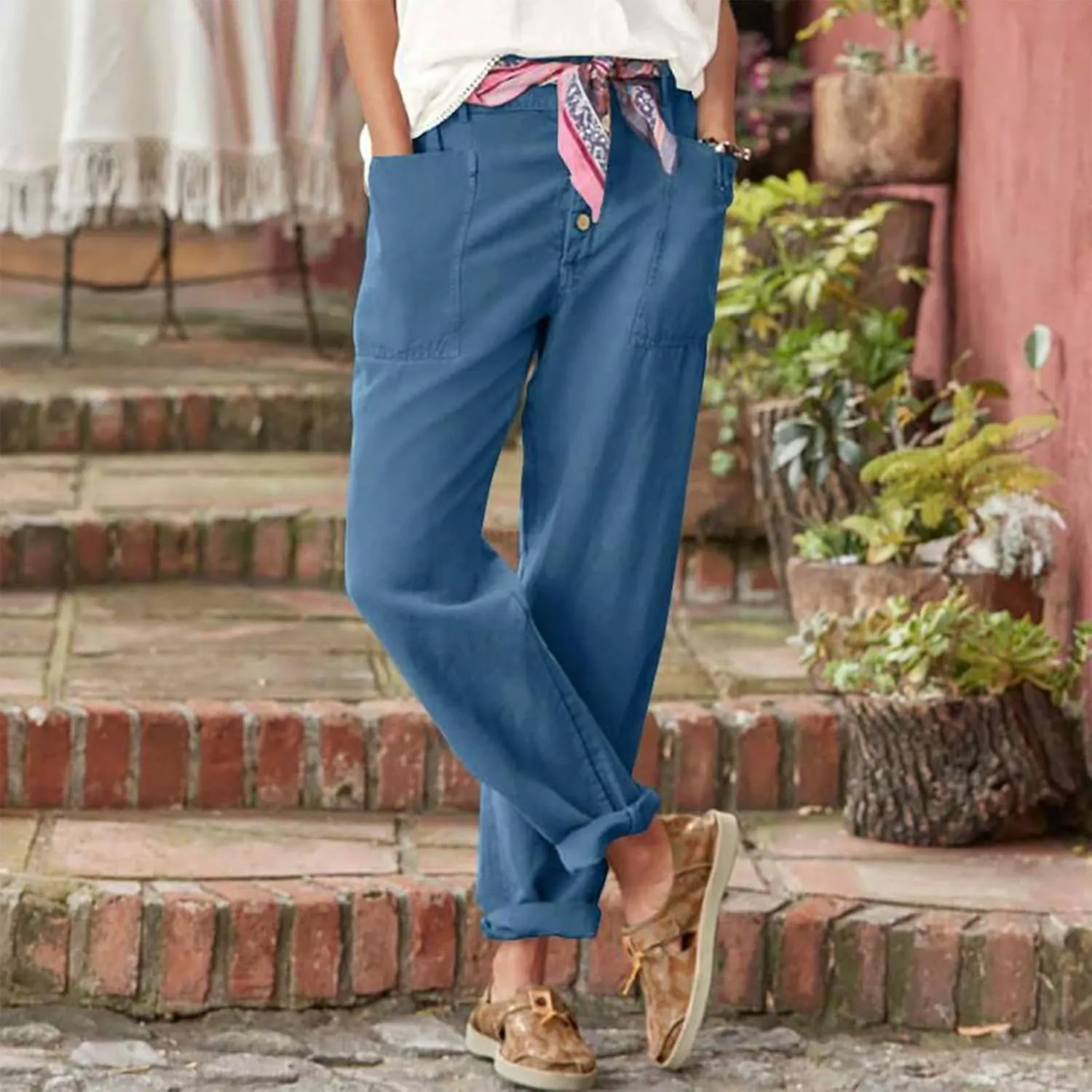Straight Leg Linen Pants Women Trendy Button Fly Plus Size Cropped Pants Casual Cuffed Hem Loose Pants