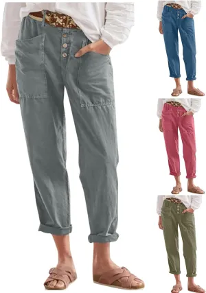 Straight Leg Linen Pants Women Trendy Button Fly Plus Size Cropped Pants Casual Cuffed Hem Loose Pants