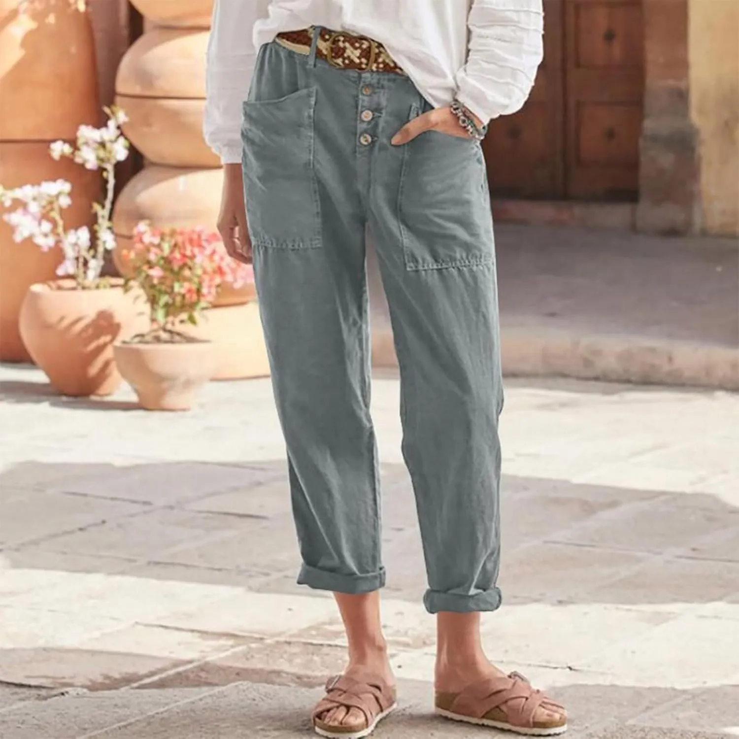 Straight Leg Linen Pants Women Trendy Button Fly Plus Size Cropped Pants Casual Cuffed Hem Loose Pants