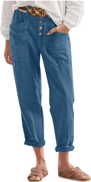 Straight Leg Linen Pants Women Trendy Button Fly Plus Size Cropped Pants Casual Cuffed Hem Loose Pants