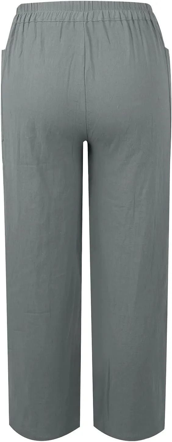Straight Leg Linen Pants Women Trendy Button Fly Plus Size Cropped Pants Casual Cuffed Hem Loose Pants