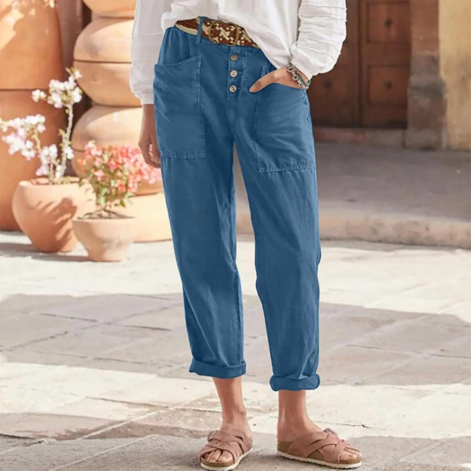 Straight Leg Linen Pants Women Trendy Button Fly Plus Size Cropped Pants Casual Cuffed Hem Loose Pants