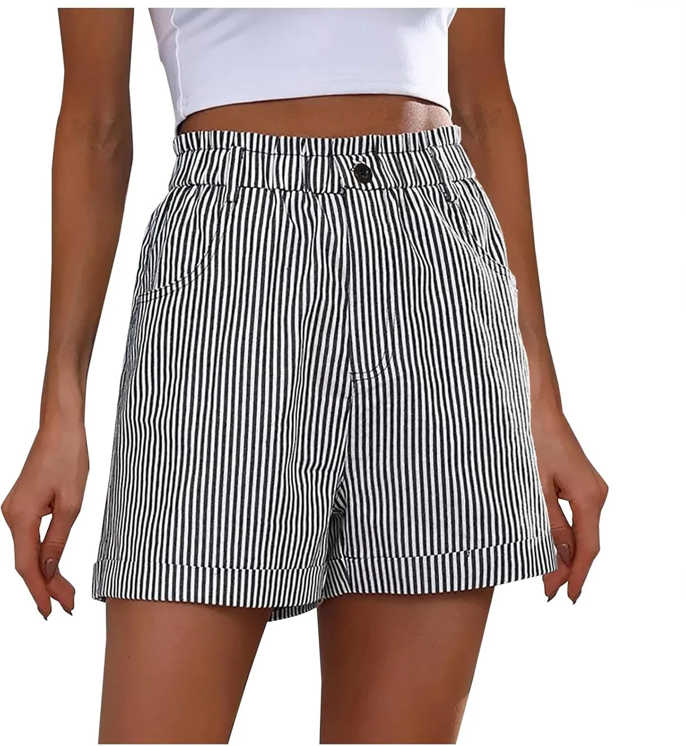Striped Shorts for Women Inch Inseam Cotton Linen Stretchy Lounge Shorts Comfy Lounge Baggy Shorts with Pockets