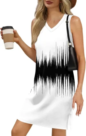 Summer Dresses for Women 2025 Casual V Neck Sleeveless Sundresses Color Block Printed Tank Beach Dresses with Split