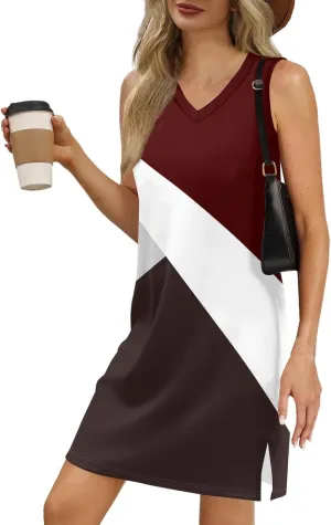 Summer Dresses for Women 2025 Casual V Neck Sleeveless Sundresses Color Block Printed Tank Beach Dresses with Split