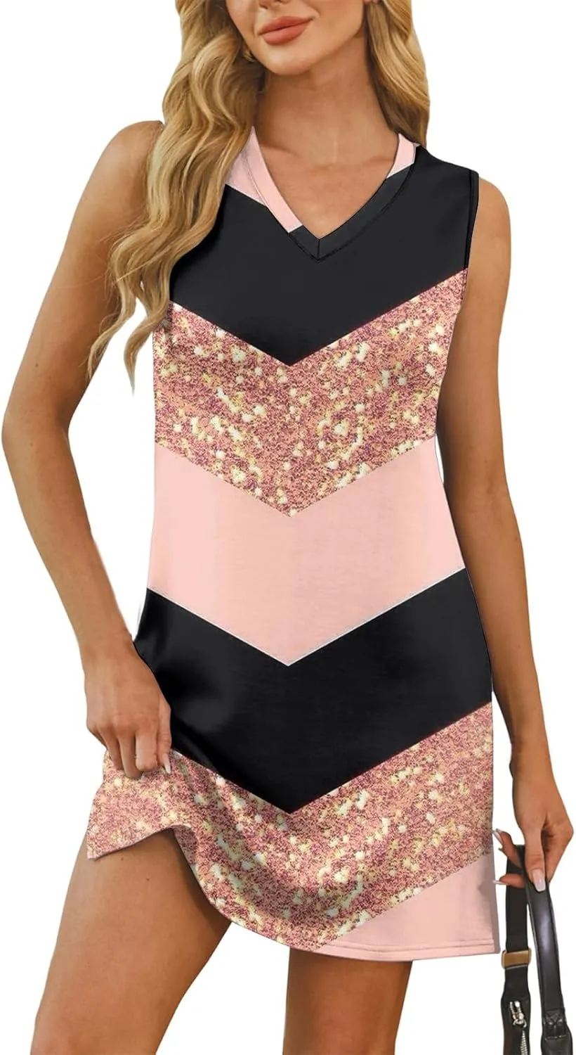 Summer Dresses for Women 2025 Casual V Neck Sleeveless Sundresses Color Block Printed Tank Beach Dresses with Split