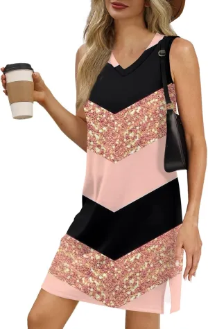 Summer Dresses for Women 2025 Casual V Neck Sleeveless Sundresses Color Block Printed Tank Beach Dresses with Split