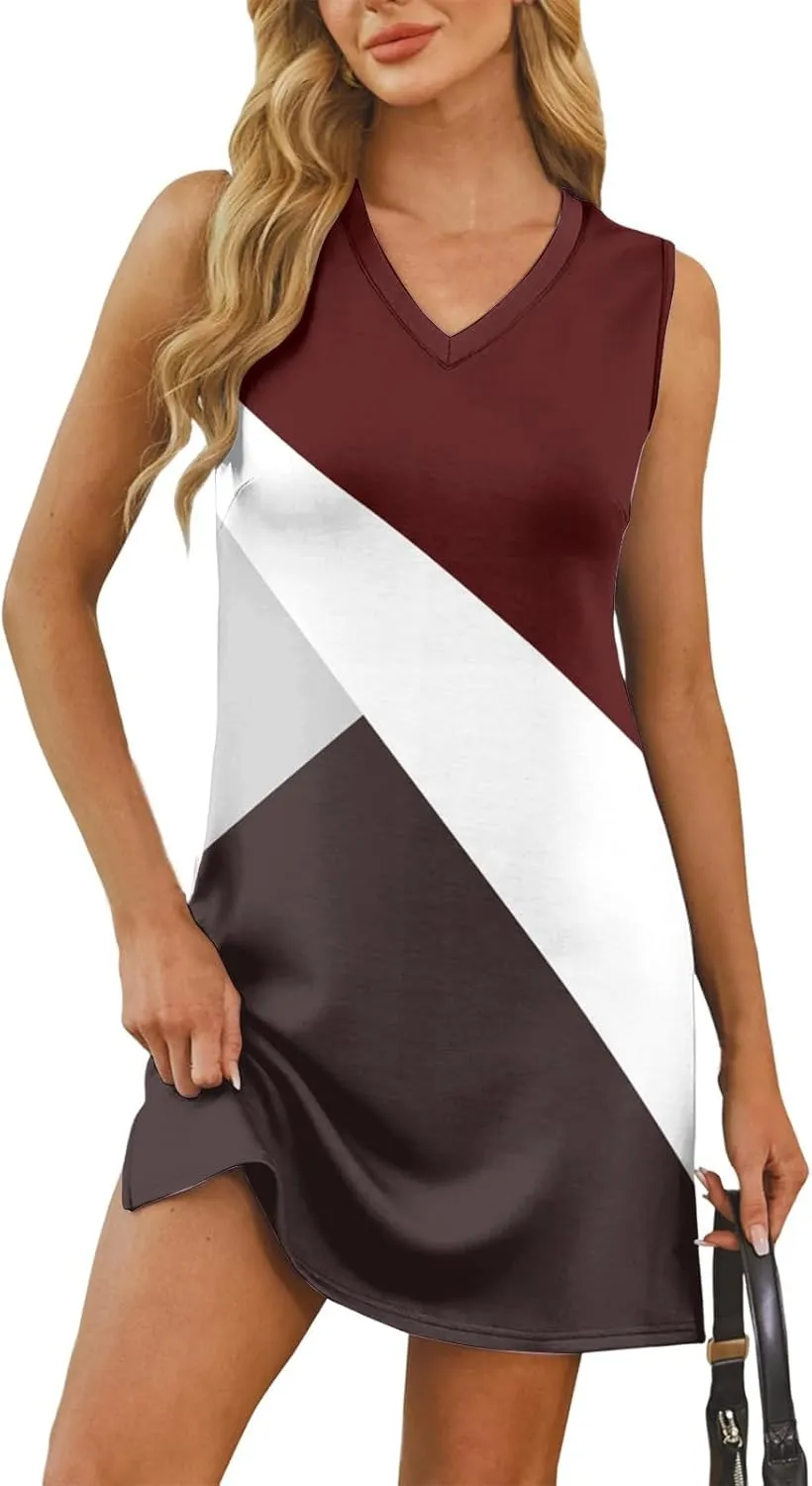 Summer Dresses for Women 2025 Casual V Neck Sleeveless Sundresses Color Block Printed Tank Beach Dresses with Split