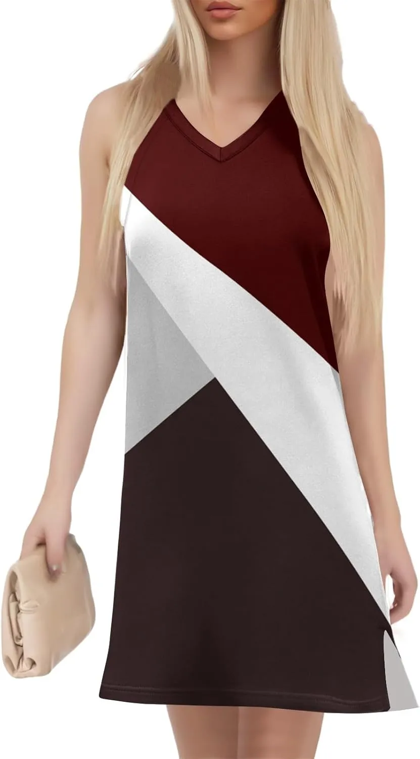 Summer Dresses for Women 2025 Casual V Neck Sleeveless Sundresses Color Block Printed Tank Beach Dresses with Split
