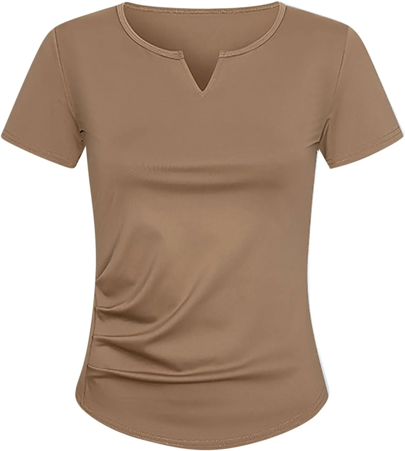 Summer Fashion Women Pleated V Neck Short Sleeve Solid Color Tops Casual Trendy Slim Fit Shirt Daily Regular Top