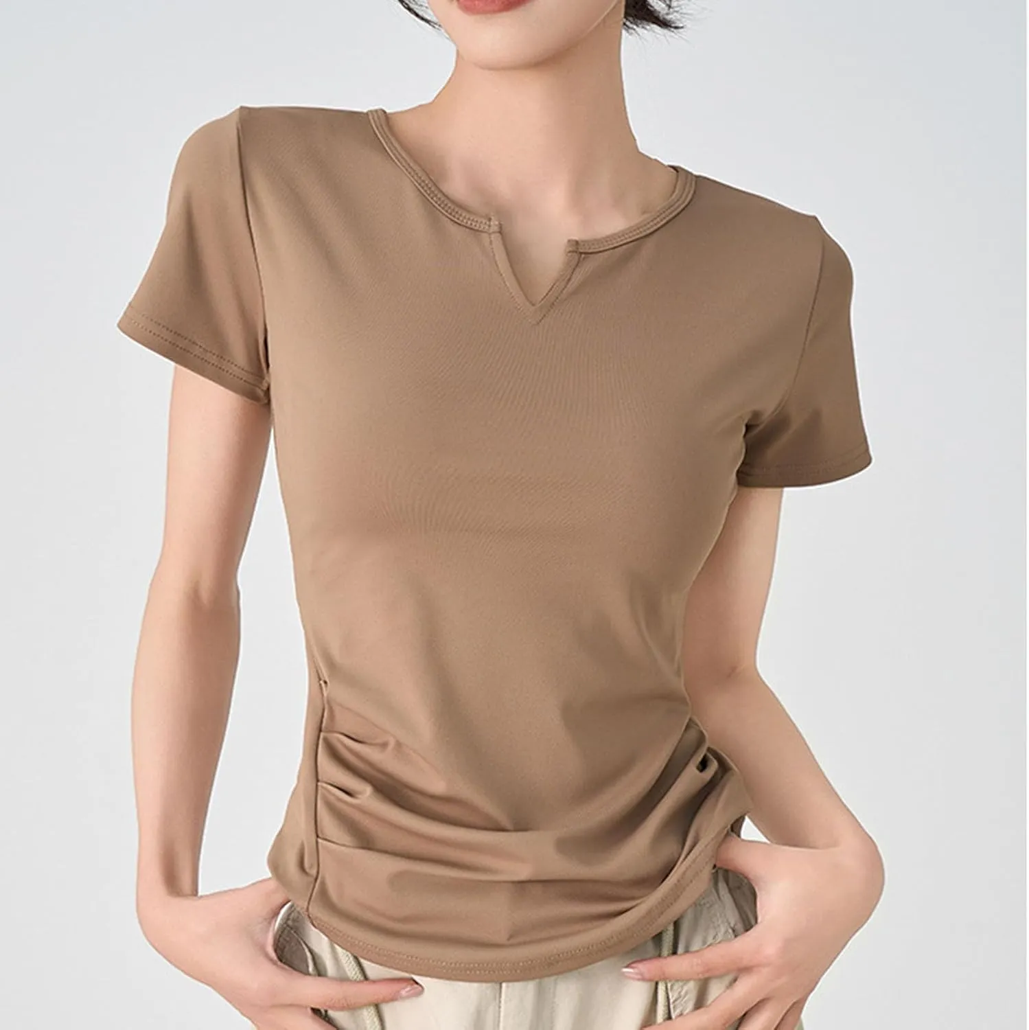 Summer Fashion Women Pleated V Neck Short Sleeve Solid Color Tops Casual Trendy Slim Fit Shirt Daily Regular Top
