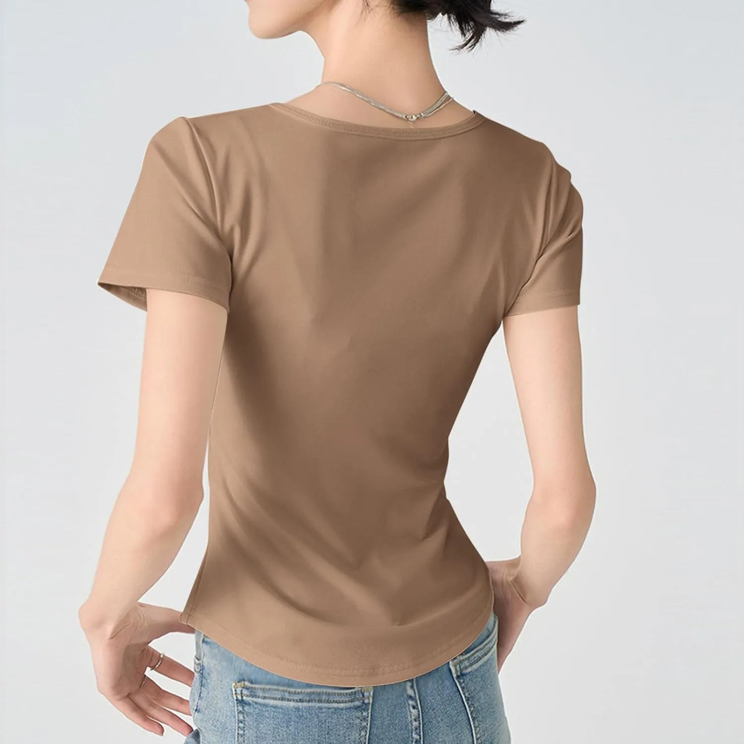 Summer Fashion Women Pleated V Neck Short Sleeve Solid Color Tops Casual Trendy Slim Fit Shirt Daily Regular Top