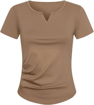 Summer Fashion Women Pleated V Neck Short Sleeve Solid Color Tops Casual Trendy Slim Fit Shirt Daily Regular Top