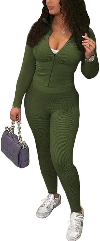 TOPSRANI Womens Two Piece Outfits Bodycon Tracksuit Striped Sweatsuits Ribbed Solid Jogger Workout Lounge Long Pant Sets