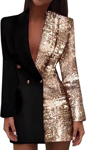 Trendy Sequin Blazer for Women Sexy Deep V Button Down Long Sleeve Jackets Elegant Color Block Slim Fit Party Jacket