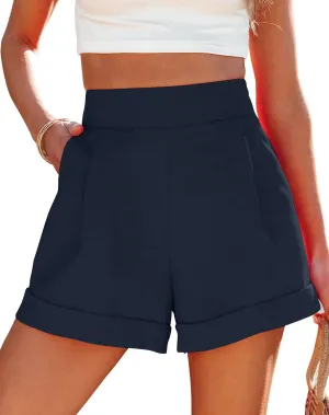 Uincloset Casual Elastic High Waist Denim Shorts Summer Rolled Hem Pocketed Shorts Comfy Wide Leg Shorts