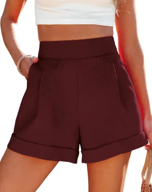 Uincloset Casual Elastic High Waist Denim Shorts Summer Rolled Hem Pocketed Shorts Comfy Wide Leg Shorts