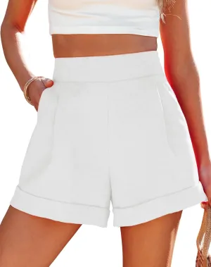 Uincloset Casual Elastic High Waist Denim Shorts Summer Rolled Hem Pocketed Shorts Comfy Wide Leg Shorts