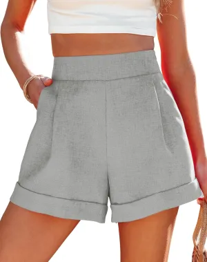 Uincloset Casual Elastic High Waist Denim Shorts Summer Rolled Hem Pocketed Shorts Comfy Wide Leg Shorts