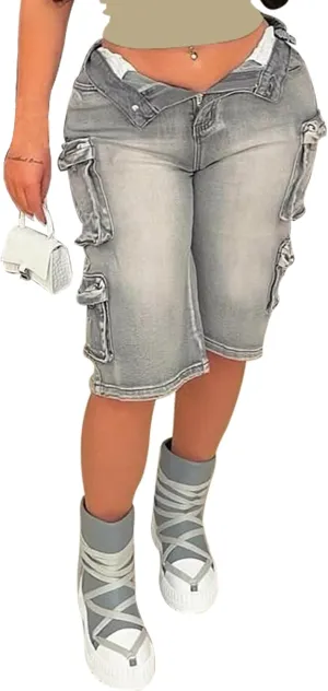 Unybwonn Women Jean Shorts Cargo High Waisted Straight Leg Denim Jorts Shorts Baggy Bermuda Short