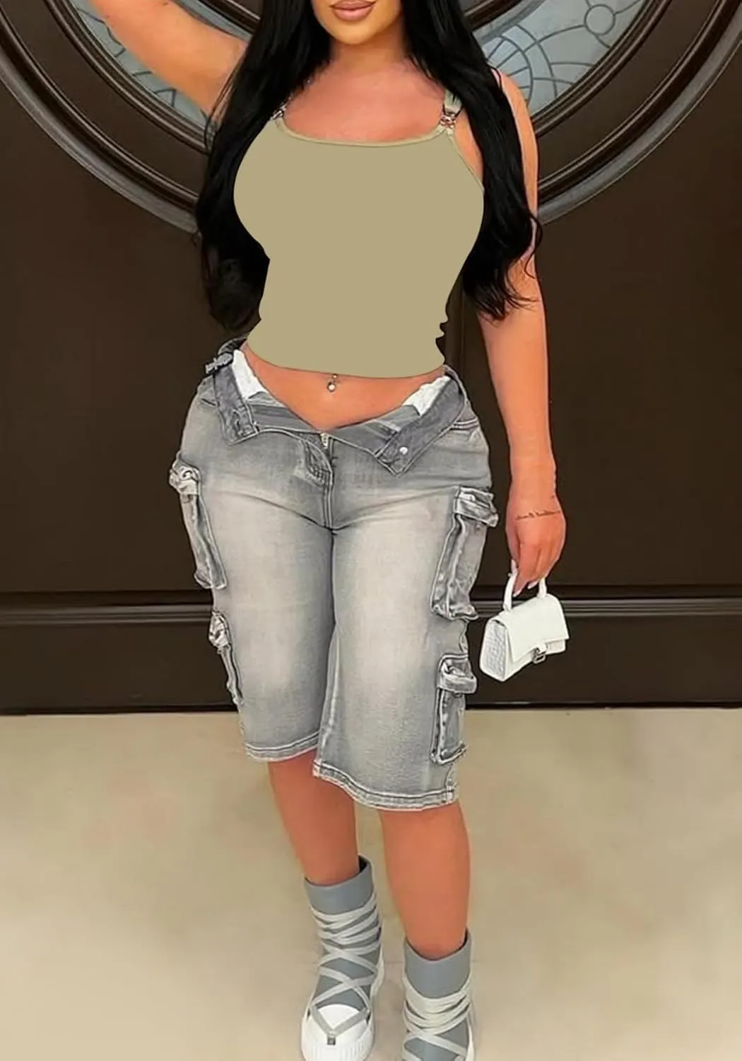 Unybwonn Women Jean Shorts Cargo High Waisted Straight Leg Denim Jorts Shorts Baggy Bermuda Short