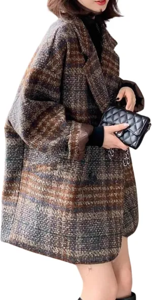 utcoco Womens Notched Lapel Pea Coat Double Breasted Open Front Winter Wool Blend Jackets Overcoat