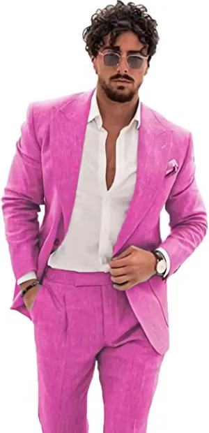 Wangyue Linen Suit for Men Casual Slim Fit Vintage Suits Groomsmen Suits Wedding Summer Beach Blazer Pants Set