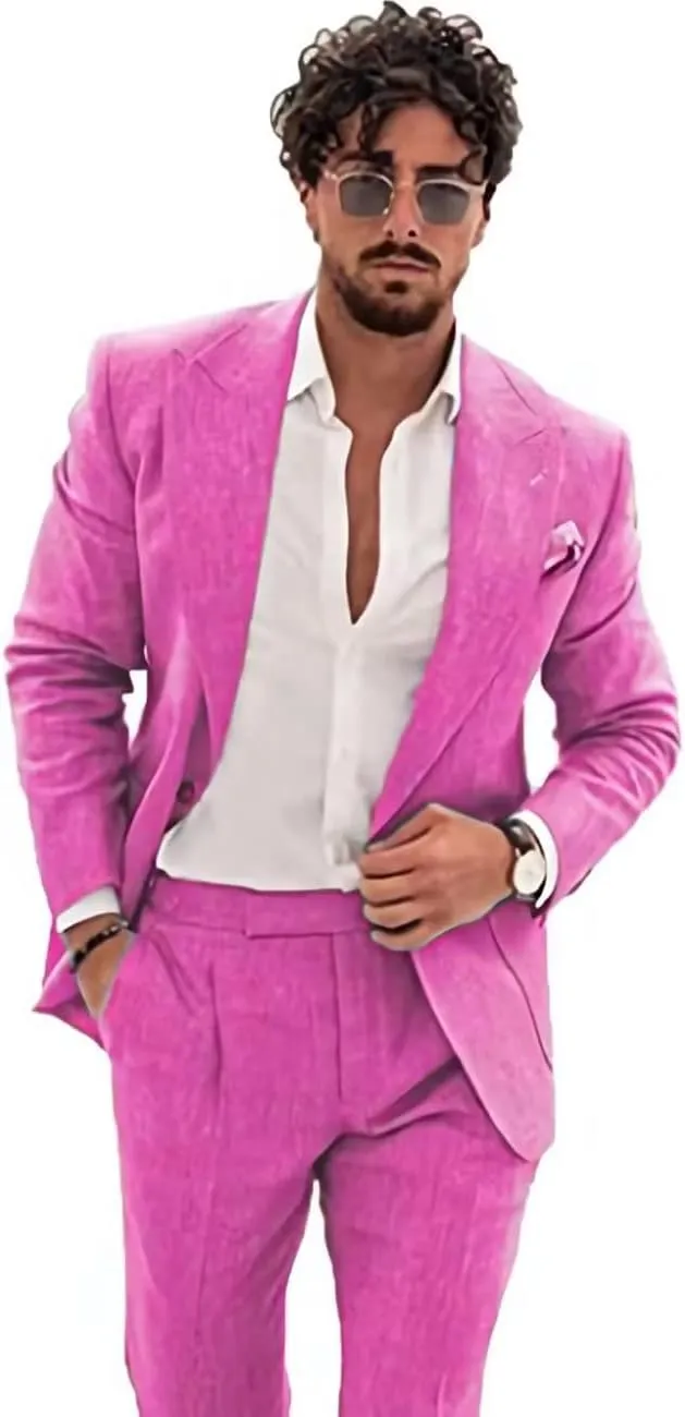 Wangyue Linen Suit for Men Casual Slim Fit Vintage Suits Groomsmen Suits Wedding Summer Beach Blazer Pants Set