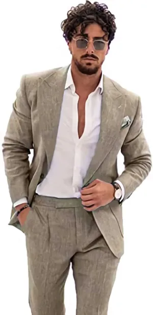 Wangyue Linen Suit for Men Casual Slim Fit Vintage Suits Groomsmen Suits Wedding Summer Beach Blazer Pants Set