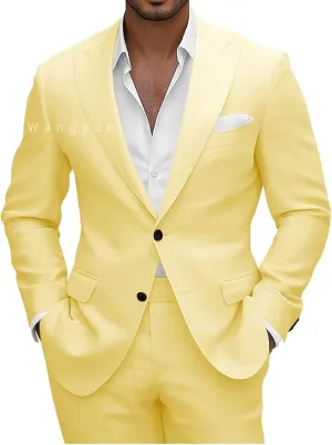Wangyue Men Linen Suits 2 Piece Linen Suit for Beach Wedding Summer Suits Slim Fit Casual Groomsmen Linen Suits Sets
