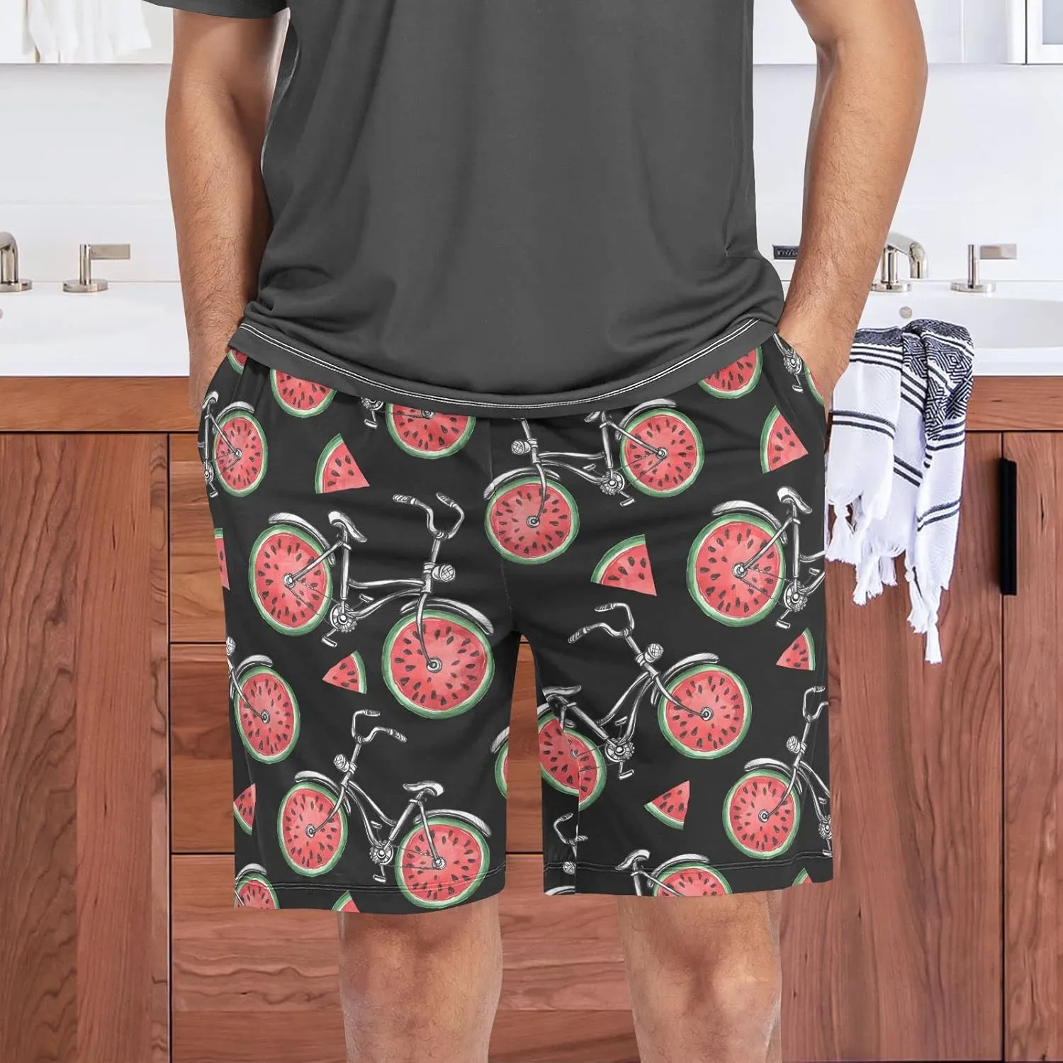 Watercolor Watermelon Bicycle Pattern Colorful Summer Men's Pajama Pants Shorts Sleepwear Lounge Pajama Bottoms