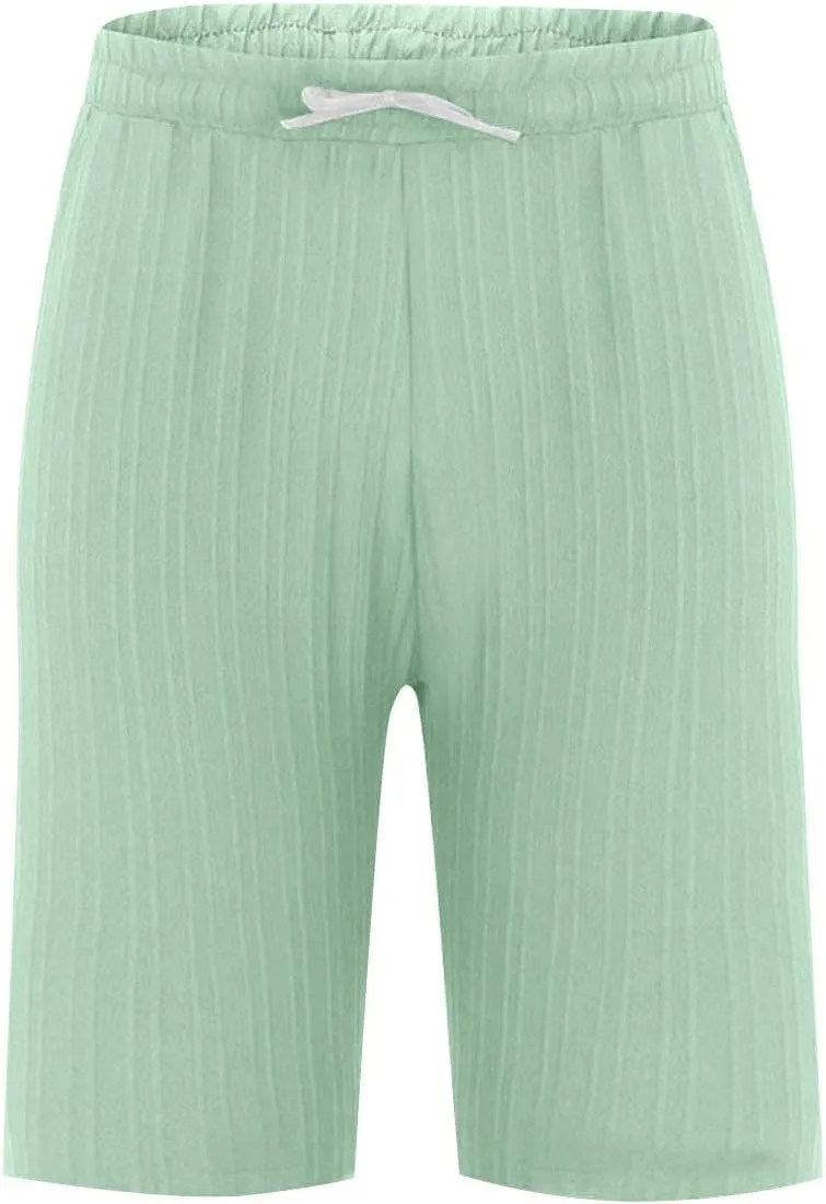 WENKOMG1 Cotton Linen Shorts for Men, Textured Lightweight Summer Shorts Elastic Waist Drawstring Solid Beach Shorts