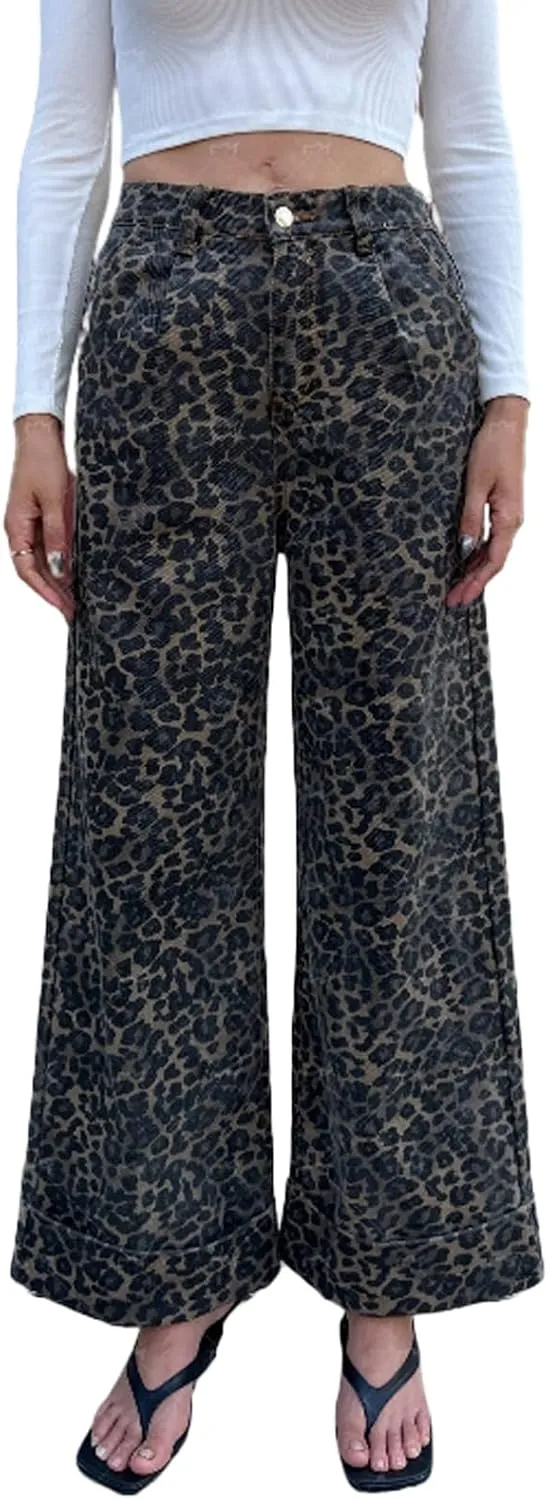 Wide Leg Jeans Woman Trendy Mid Rise Leopard Print Baggy Jean for Women Cuffed Denim Pants with Pockets Y2k Clothes