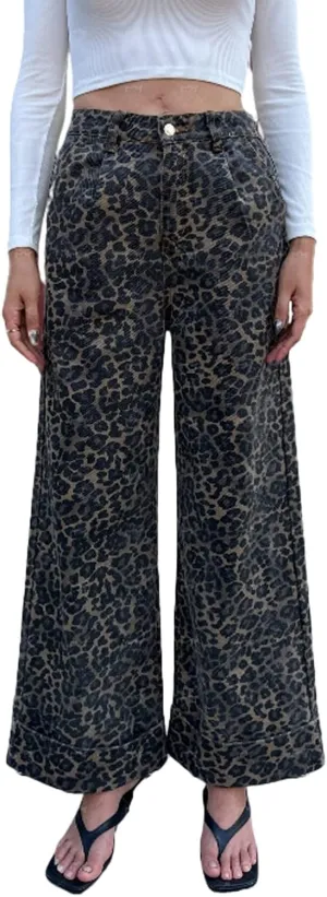 Wide Leg Jeans Woman Trendy Mid Rise Leopard Print Baggy Jean for Women Cuffed Denim Pants with Pockets Y2k Clothes